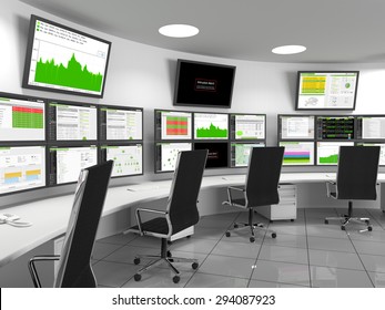 Security Operations Center - SOC containing monitors with statistics. It is a centralized location that deals with security issues. 3D Illustration