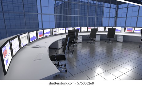 Security Operations Center SOC / Network Operations Center Within A Large Sky Scraper Building. 3D Render