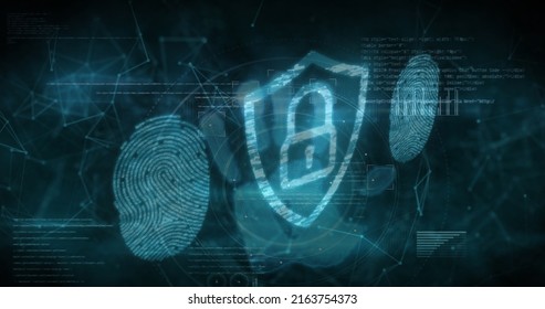 Security Padlock And Biometric Fingerprint Scanner Against Network Of Connection On Black Background. Cyber Security And Technology Concept