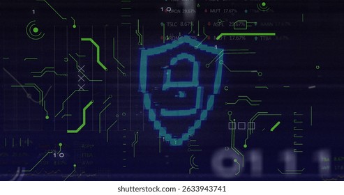Security padlock icon and microprocessor connections against data processing on blue background. Cyber security and business data storage technology concept