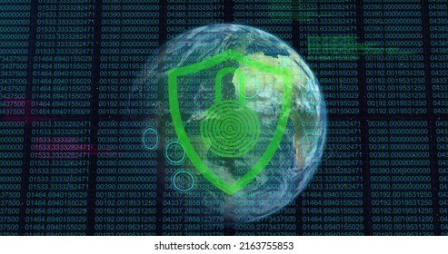 Security Padlock Icon Over Spinning Globe Against Binary Coding Data Processing On Black Background. Global Networking And Cyber Security Technology Concept