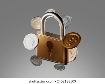 Security and reliability 3D rendering of a metallic golden texture.
