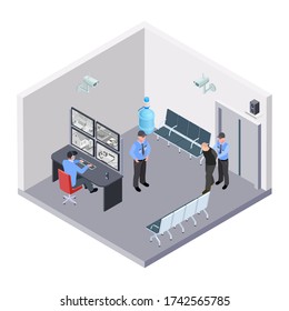 Security Room In Airport, Railway Or Bus Station Isometric Concept