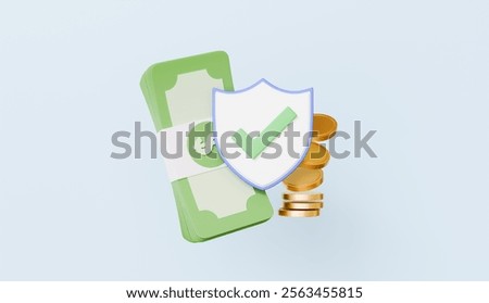 Security shield with bunch of banknotes and a pile of coins, financial security, online payment protection, online transaction