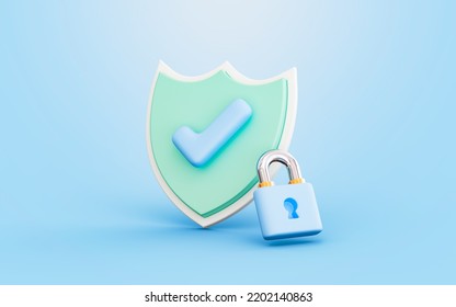 security shield check mark with lock sign 3d render concept for cyber protection defense