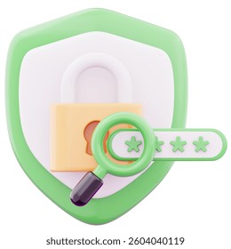 Security shield emblem with padlock password and magnifying glass representing security data analysis icon 3d render illustration image