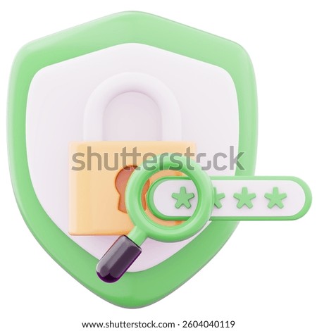 Security shield emblem with padlock password and magnifying glass representing security data analysis icon 3d render illustration image