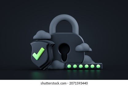 Security Shield Lock Check Mark And Cloud Dark Iconic Background For Cyber Protection 3d Rendering