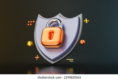 security shield padlock sing on dark background 3d render concept for safety protocell