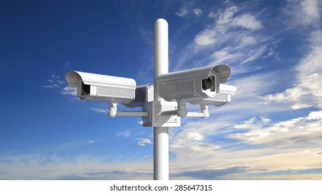 Security surveillance camera with blue sky background