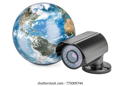 Security surveillance camera with Earth Globe, 3D rendering, Elements of this image furnished by NASA