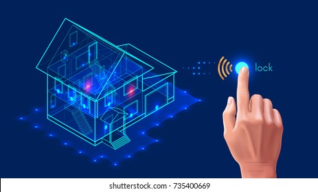 Security System Of Smart Home. 3d House Plan X-ray. Control Locks The Doors And Windows Over The Internet With Smartphone Application. Home Protection Wireless System. 