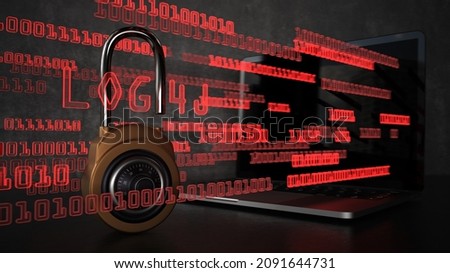 Security vulnerability Log4J detected on the notebook. 3d illustration.