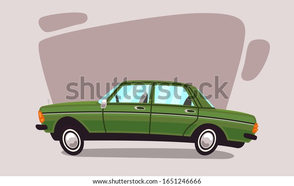 Sedan is\
green. Funny cartoon car stands sideways. Tires are oval wheels. It\
can be used in animations and\
cartoons.