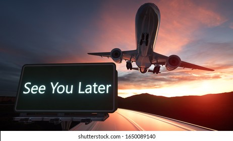 See You Later Green Road Sign and Airplane Above with Dramatic Blue Sky and Clouds. 3d illustration. - Powered by Shutterstock