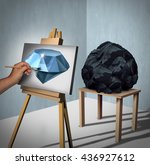 Seeing the possibilities or value opportunity and creating wealth financial concept as a painter looking at a rock or coal as a painted precious diamond with 3D illustration elements.