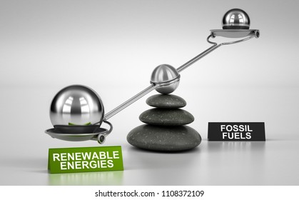 Seesaw Containing Big And Small Spheres Inclined On The Renewable Energies Side. Concept Of Energy Transition. 3D Illustration