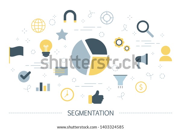 Segmentation concept. Dividing people into\
different segments for business growth. Advertising product for\
each segment in different ways. Management and marketing. Isolated\
flat \
illustration