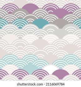 Seigaiha Literally Means Wave Of The Sea. Seamless Pattern Abstract Scales Simple Nature Background Japanese Circle Light Blue Gray Beige White Pink Lilac Colors. 