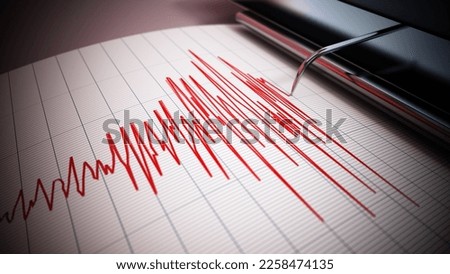 Seismograph data of a large earthquake. Seismic waves on the report page. 3D illustration. Foto stock © 