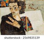 Selbstbildnis (1911) painting in high resolution by Egon Schiele. Vintage woman illustration. Vintage woman art drawing illustration, woman lady, beautiful portrait. Old painting art print.