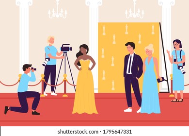 Selebrity Famous People In Fashionable Dress With Paparazzi Journalists Cameramen On Red Carpet Flat Illustration. Business Or Cinema Stars Luxury Event, Fashion Party Show, Award Ceremony