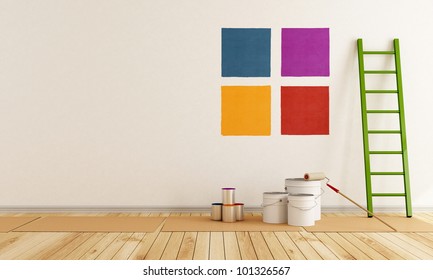 Select Color Swatch To Paint Wall In A White Room - Rendering