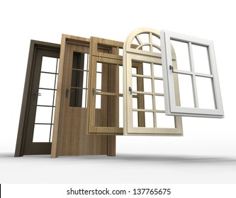 Selection of doors and windows with a white background