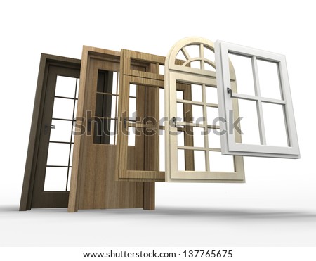 Selection of doors and windows with a white background