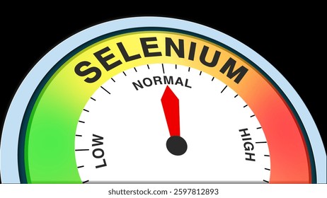"Selenium" text or word displayed with a tachometer or barometer concept, indicating normal levels, balanced intake, and optimal health benefits