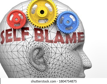 Self Blame And Human Mind - Pictured As Word Self Blame Inside A Head To Symbolize Relation Between Self Blame And The Human Psyche, 3d Illustration