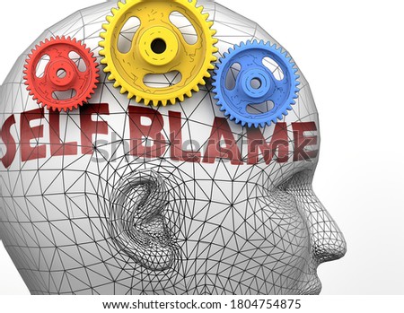 Self blame and human mind - pictured as word Self blame inside a head to symbolize relation between Self blame and the human psyche, 3d illustration