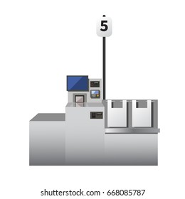 Self checkout machine. Grey metal register with touchscreen, options for cards and cash payment. Bagging area. Isolated object on white background