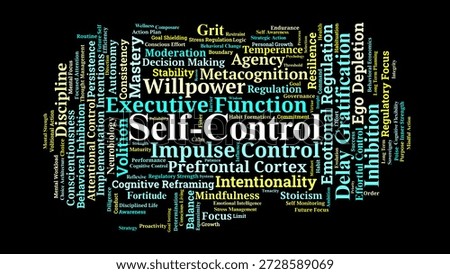 Self Control Word Cloud. A Professional Visual Synthesis Of Behavioral Regulation, Discipline, And Cognitive Mastery Within Psychology And Neuroscience Research.