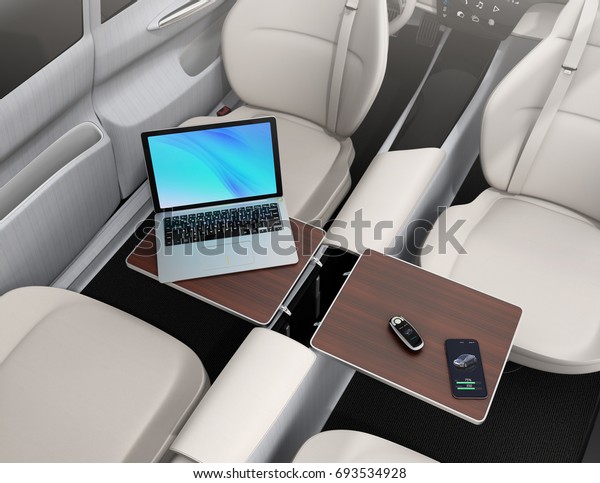 Self driving car interior.\
Smart car key, smartphone, laptop on the table. 3D rendering\
image.