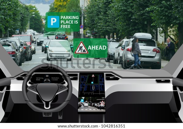 Self driving car on a road.\
Vehicle to vehicle communication. Data exchange between \
cars.