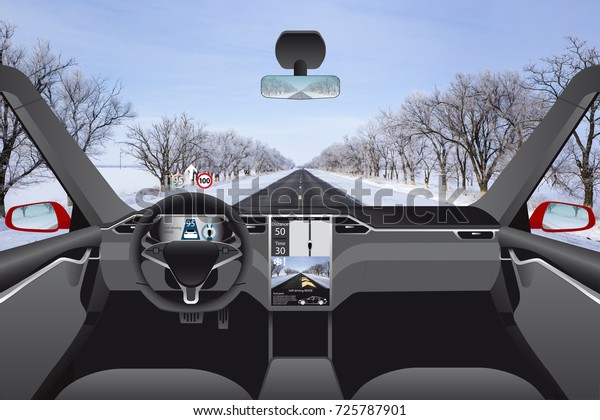 Self driving car without driver on a winter road. Indoor\
view. 