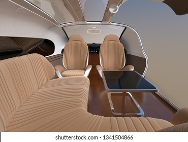 Self Driving Electric Car Interior With Lounge Chair And Rear Facing Seats. 3D Rendering Image.