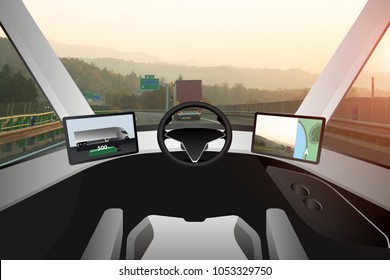 Self Driving Electric Truck On A Road. Inside View.