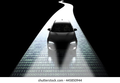 Self Driving Electronic Computer Car On Road, 3d Illustration