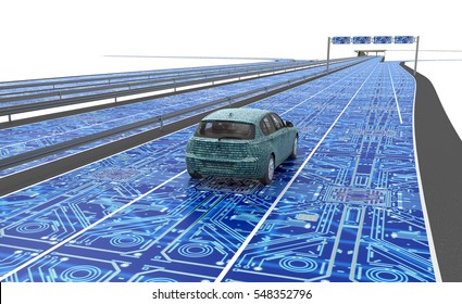 selbstfahrendes elektronisches Computerauto auf der Straße, 3D-Abbildung