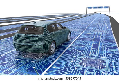 Self Driving Electronic Computer Car On Road, 3d Illustration