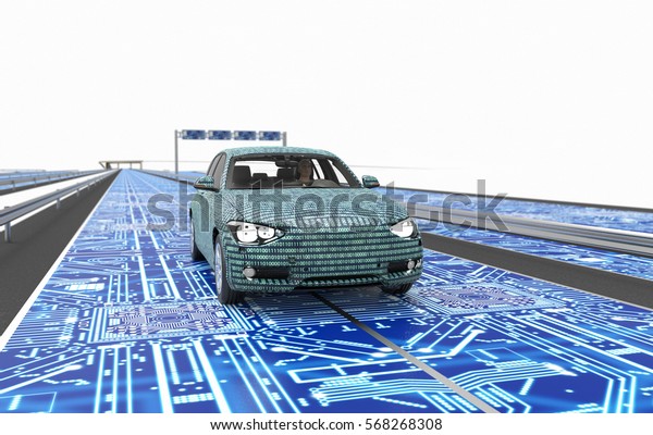 self driving electronic computer car on\
road, 3d\
illustration