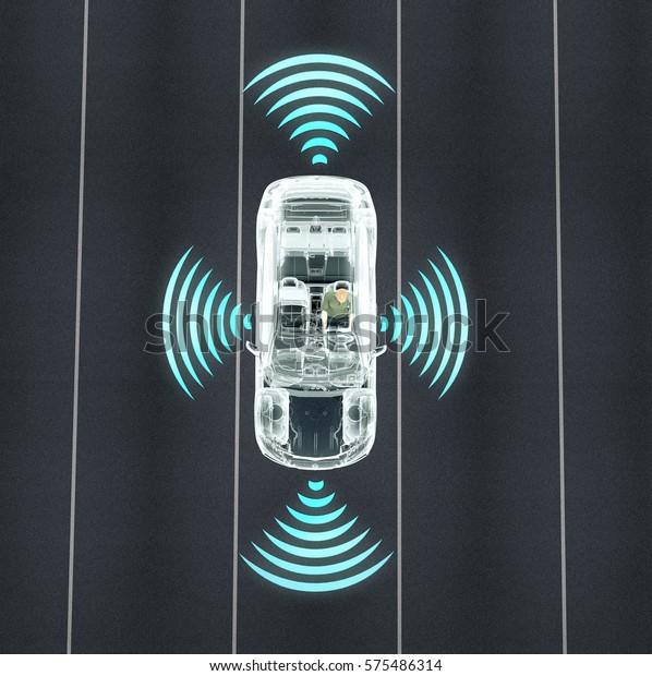 self driving electronic computer cars on
road, 3d
illustration