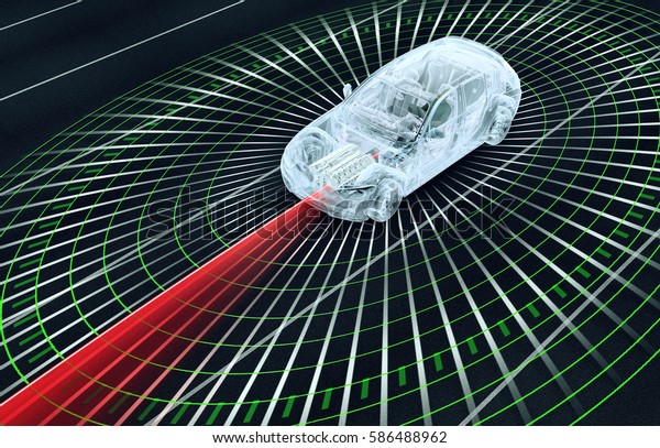 self driving electronic computer cars on\
road, 3d\
illustration