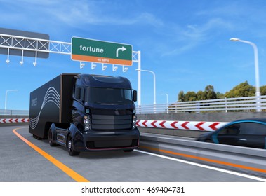 Self Driving Hybrid Truck On Highway. 3D Rendering Image.