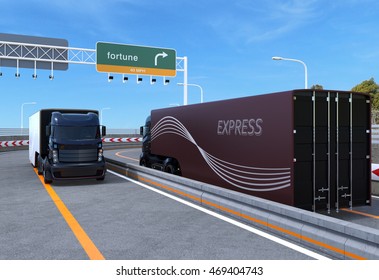 Self Driving Hybrid Truck On Highway. 3D Rendering Image.