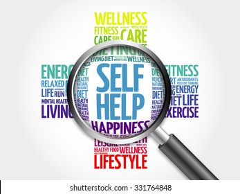 Self Help Word Cloud With Magnifying Glass, Health Concept