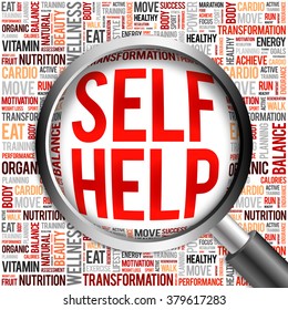 Self Help word cloud with magnifying glass, health concept