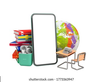 Self Learning Concept Presentation Of The Application For Learning Foreign Languages Smartphone With Blank Screen Headphones And Books 3d Render On White No Shadow